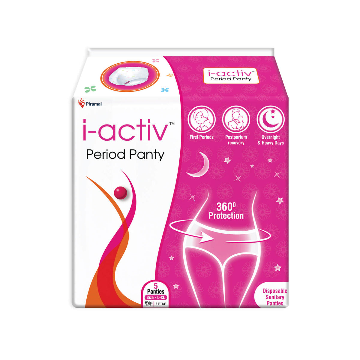 i activ Period Panties for Women | Disposable Period Panties for Women Leak Proof | Maternity Pads for Heavy Flow Periods | Overnight 360 Degree Protection | Size - 31" to 48"