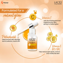 Lacto Calamine Vitamin C Face Serum For Glowing Skin With Niacinamide | Helps In Dark Spots Reduction & Provides Moisturization | Pollushield, Vitamin E, B3 & B5 | 30ml