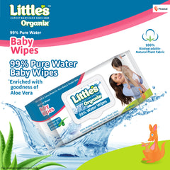 Little's Organix 99% Pure Water (Unscented) Baby Wipes, Natural Plant Fabric – Extra Thick Wipes, 100% Biodegradable, and Enriched with the goodness of Aloe Vera, Jojoba Oil and Vitamin E, 72 Wipes