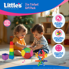 Little's 3 in 1 Infant Gift Pack Baby Toys | Stacking Cubes | Plush Baby Ball | Interlocking Stars | for 1+ Years Kids | Multiple Shapes & Colors | Gifts for Kids | Educational Toy