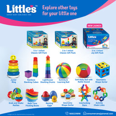 Little's 3 in 1 Infant Gift Pack Baby Toys | Stacking Cubes | Plush Baby Ball | Interlocking Stars | for 1+ Years Kids | Multiple Shapes & Colors | Gifts for Kids | Educational Toy