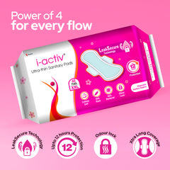 I activ Ultra Thin Sanitary Pads for Women | Anti-Rash Anti-Bacterial Cottony Soft Sanitary Napkins | No Nasties | Upto 12 Hours Heavy Flow Leak Protection | Soft Hydrophobic Wings