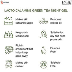 Lacto Calamine Green Tea Night Gel Moisturizer For Women | Night Cream For Oily Skin with Niacinamide & Glycolic Acid | Lightens Skin Tone & Overnight Hydration | Anti- Aging | 50g