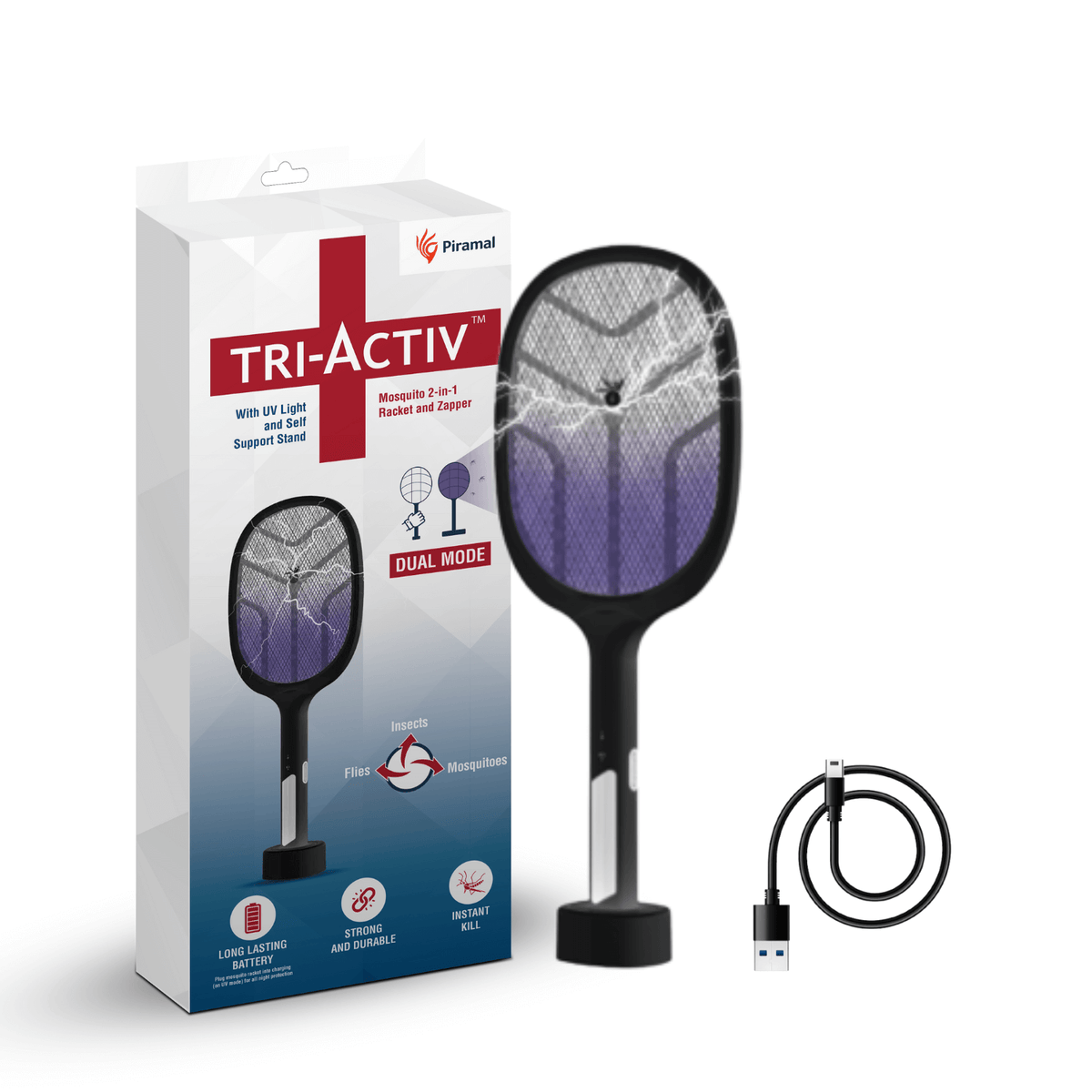 Tri-Activ Mosquito Racket I 2-in-1 Rechargeable Bat + Zapper (Black)