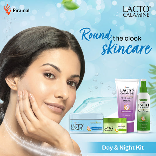Lacto Calamine Day and Night Skin care Kit for Women | 4 essential product set | Facewash, Toner, Light Moisturising Gel & Night Gel | Radiance Routine for Oily Skin