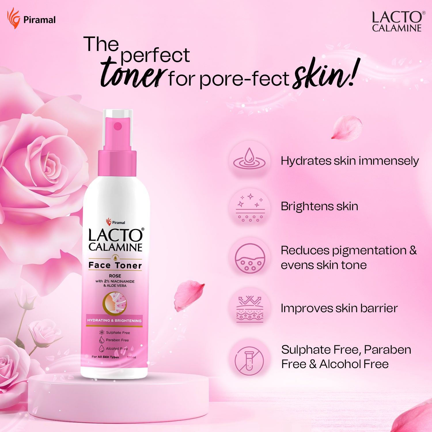 Lacto Calamine Rose Water Toner For Glowing Skin | 120ml | Gulab Jal Face Toner | Rosewater with Aloe Vera & 2% Niacinamide | Cleanses, Hydrates & Moisturises Skin | No Sulphate, Alcohol, & Parabens