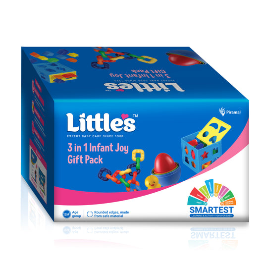 Little's 3 in 1 Infant Joy Gift Pack Baby Toys | Shape sorter Cube | Nesting Eggs | Activity Chain Links | for 1+ Years Kids | Multiple Shapes & Colors | Gifts for Kids | Educational Toy