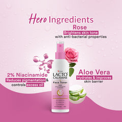 Lacto Calamine Rose Water Toner For Glowing Skin | Gulab Jal Face Toner | Rosewater with Aloe Vera & 2% Niacinamide | Cleanses, Hydrates & Moisturises Skin | No Sulphate, Alcohol, & Parabens | 120ml