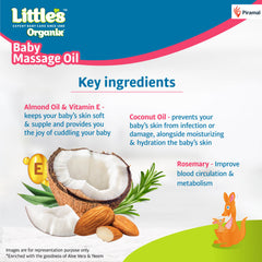 Little's Organix Baby Massage Oil with Natural Almond Oil, Vitamin E, Rosemary & Coconut Oil for Baby Massage | Clinically & Dermatologically Tested | Non-sticky Baby Oil for New Born | 200ml