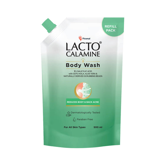 Lacto Calamine  1% Salicylic Acid Body Wash | Pouch Pack | With Cica, Aloe Vera, Turmeric & Naturally Derived Scrubbing Beads |Reduce Stubborn Body Acne | For Women|