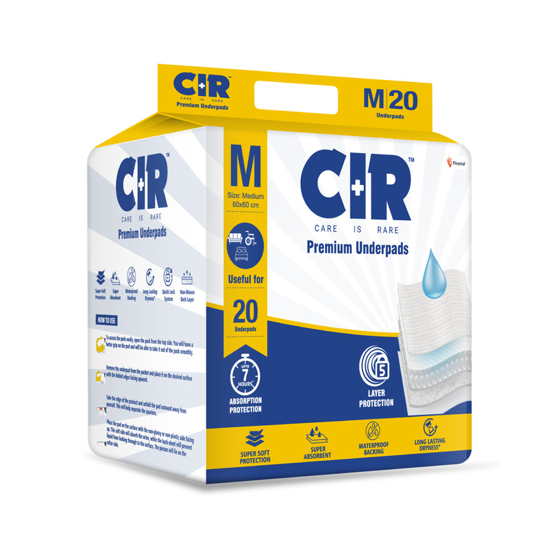 CIR Premium Underpads, Medium (60x60cm) | 7 hrs Absorption Protection | 20 Units | Waterproof | Protects surfaces from incontinence | Super Soft Polymer