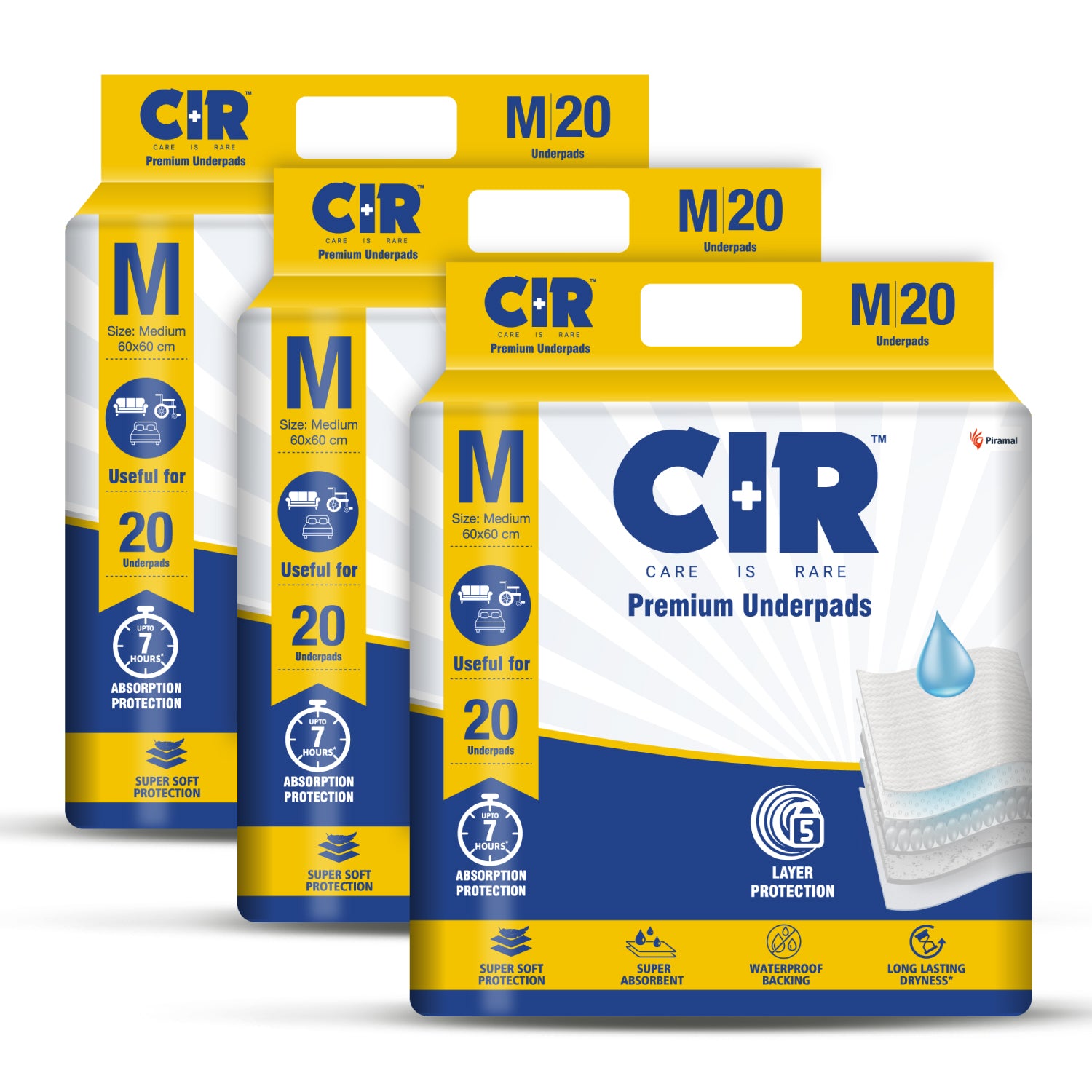CIR Premium Underpads, Medium (60x60cm) | 7 hrs Absorption Protection | 20 Units | Waterproof | Protects surfaces from incontinence | Super Soft Polymer