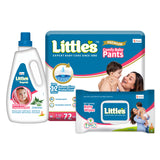 Little's Care Package (Little's Comfy Baby Pants | Medium I Superjumbo Pack of 1, Little's Soft Cleansing Baby Wipes Lid Pack of 1, Little's Organix Gentle Baby Liquid Detergent | Contains Organic Aloevera & Neem Extract-400gm)