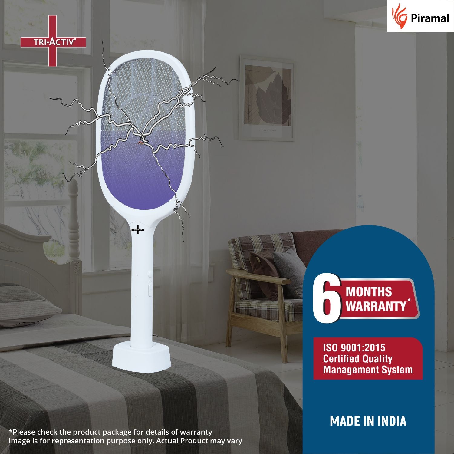 Tri-Activ Mosquito Racket 2-in-1 Dual Mode Rechargeable Bat,Zapper with Stand by Piramal I UV Light I Insect Killer & Fly Swatter I 1200 mAh Li-ion Battery,ISO Certified, 6 Month Warranty
