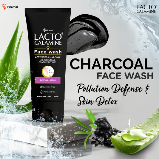 Lacto Calamine Activated Charcoal Face Wash with Aloe Vera & Tea Tree Extract for Deep Skin Detox. Removes impurities and fights blackheads & whiteheads. No Parabens, No Sulphates - 100 ml