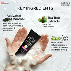 Lacto Calamine Activated Charcoal Face Wash with Aloe Vera & Tea Tree Extract for Deep Skin Detox. Removes impurities and fights blackheads & whiteheads. No Parabens, No Sulphates - 100 ml