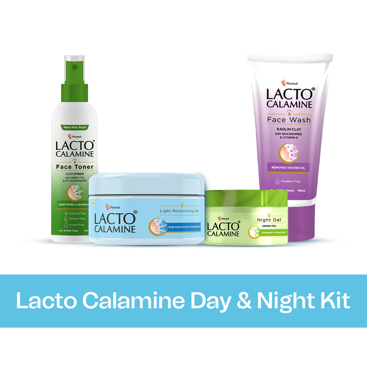 Lacto Calamine Day and Night Skin care Kit for Women | 4 essential product set | Facewash, Toner, Light Moisturising Gel & Night Gel | Radiance Routine for Oily Skin