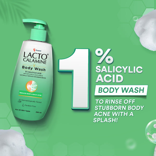 Lacto Calamine Body Wash with 1% Salicylic acid with Cica, Aloevera & Naturally derived scrubbing beads |Exfoliate Rough and Bumpy Skin |Paraben Free, Dermatalogically tested| Suitable for all skin types | 250 ml