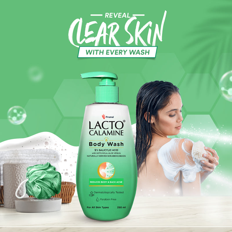 Lacto Calamine Body Wash with 1% Salicylic acid with Cica, Aloevera & Naturally derived scrubbing beads |Exfoliate Rough and Bumpy Skin |Paraben Free, Dermatalogically tested| Suitable for all skin types | 250 ml