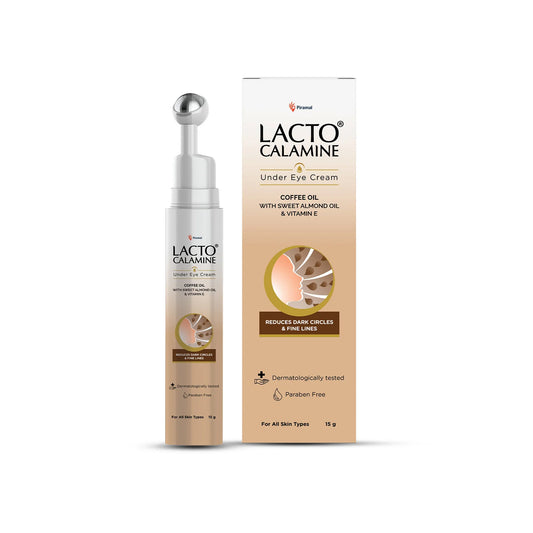 Lacto Calamine Under Eye Cream For Dark Circles for Women & Men | Fine Lines & Puffy Eyes With Cooling Massage Roller | With Coffee Oil, Multi-Peptides, Niacinamide, & Vitamin E | 15g