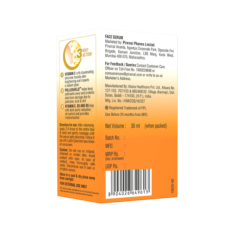 Lacto Calamine Vitamin C Serum | Skin Brightening Serum | With Pollushield, Vitamin E, B3 and B5 |For Women | 30 ml