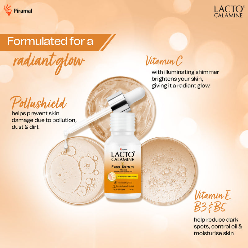 Lacto Calamine Vitamin C Serum | Skin Brightening Serum | With Pollushield, Vitamin E, B3 and B5 |For Women | 30 ml