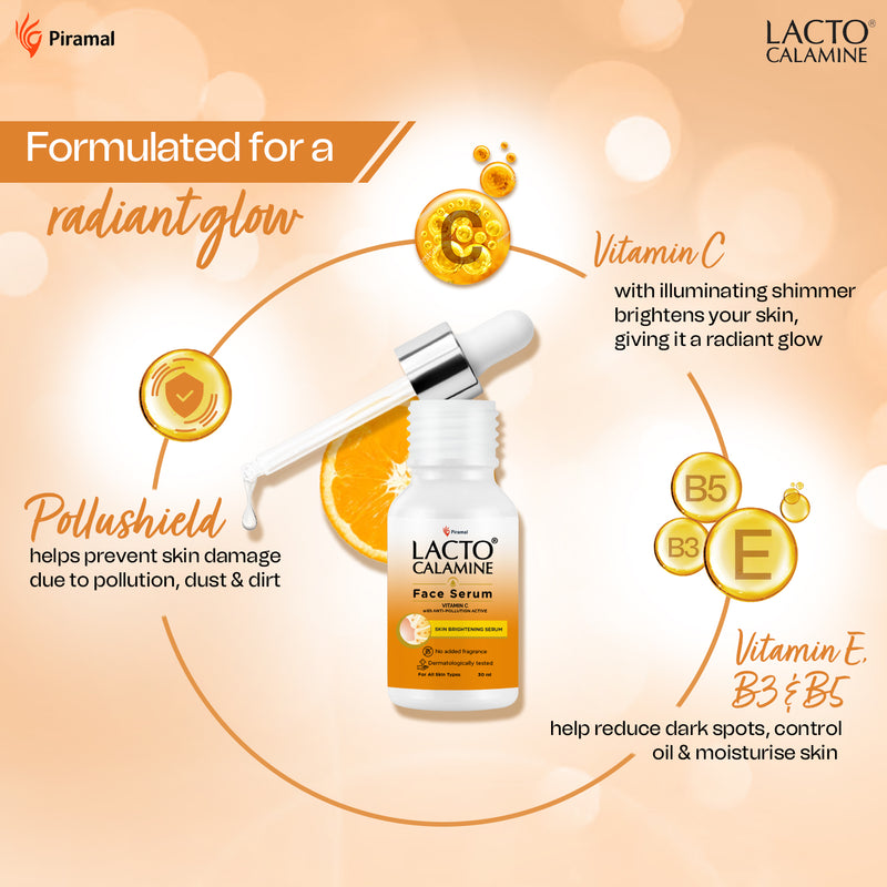 Lacto Calamine Vitamin C Serum | Skin Brightening Serum | With Pollushield, Vitamin E, B3 and B5 |For Women | 30 ml