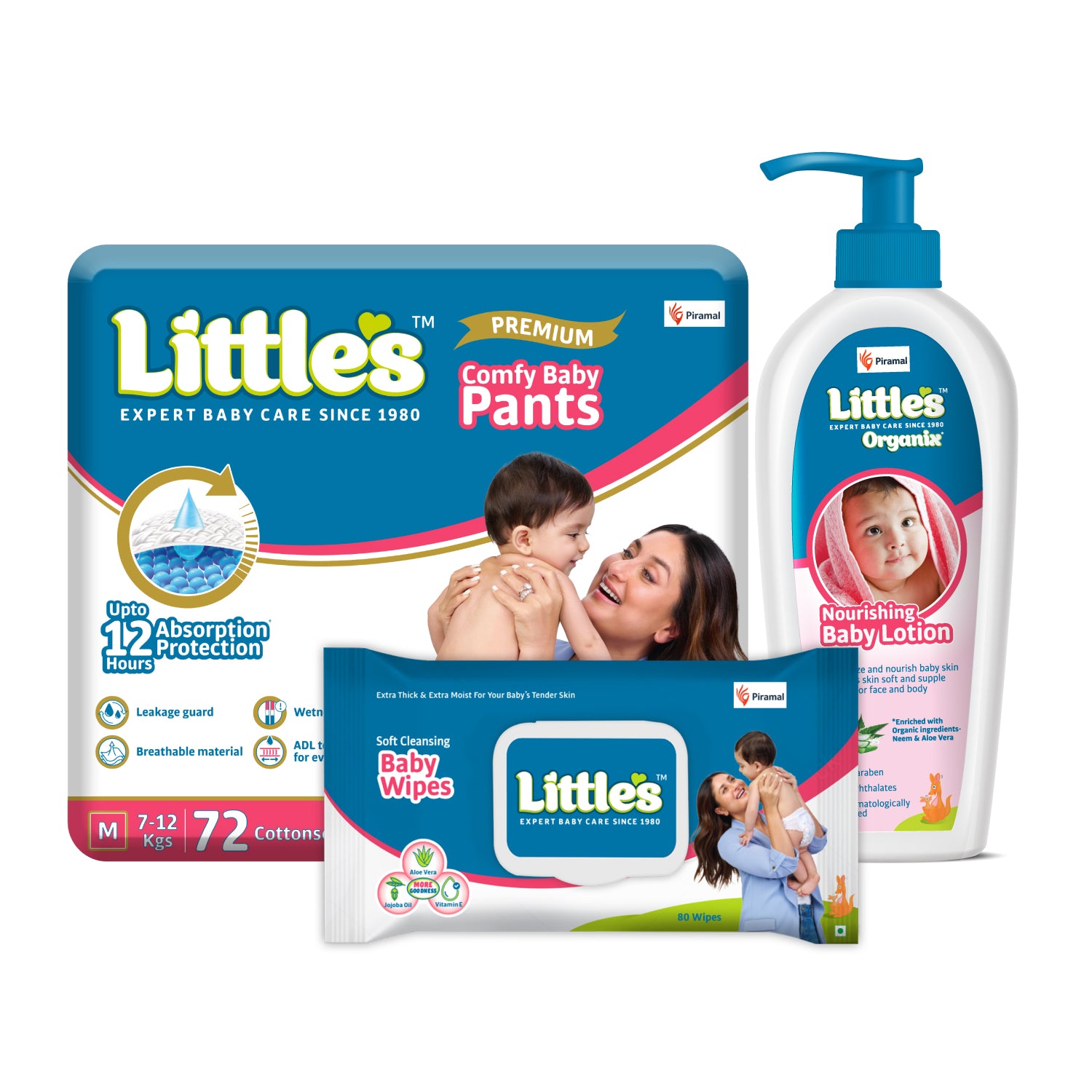Little's Happy Baby Combo ( Little's Comfy Baby Pants | Medium I Superjumbo Pack of 1, Little's Soft Cleansing Baby Wipes Lid Pack of 1 | Contains Aloe Vera & Jojoba Oil -80 Wipes, Little's Organix Nourishing Baby Lotion (400 ml - Pump Pack)