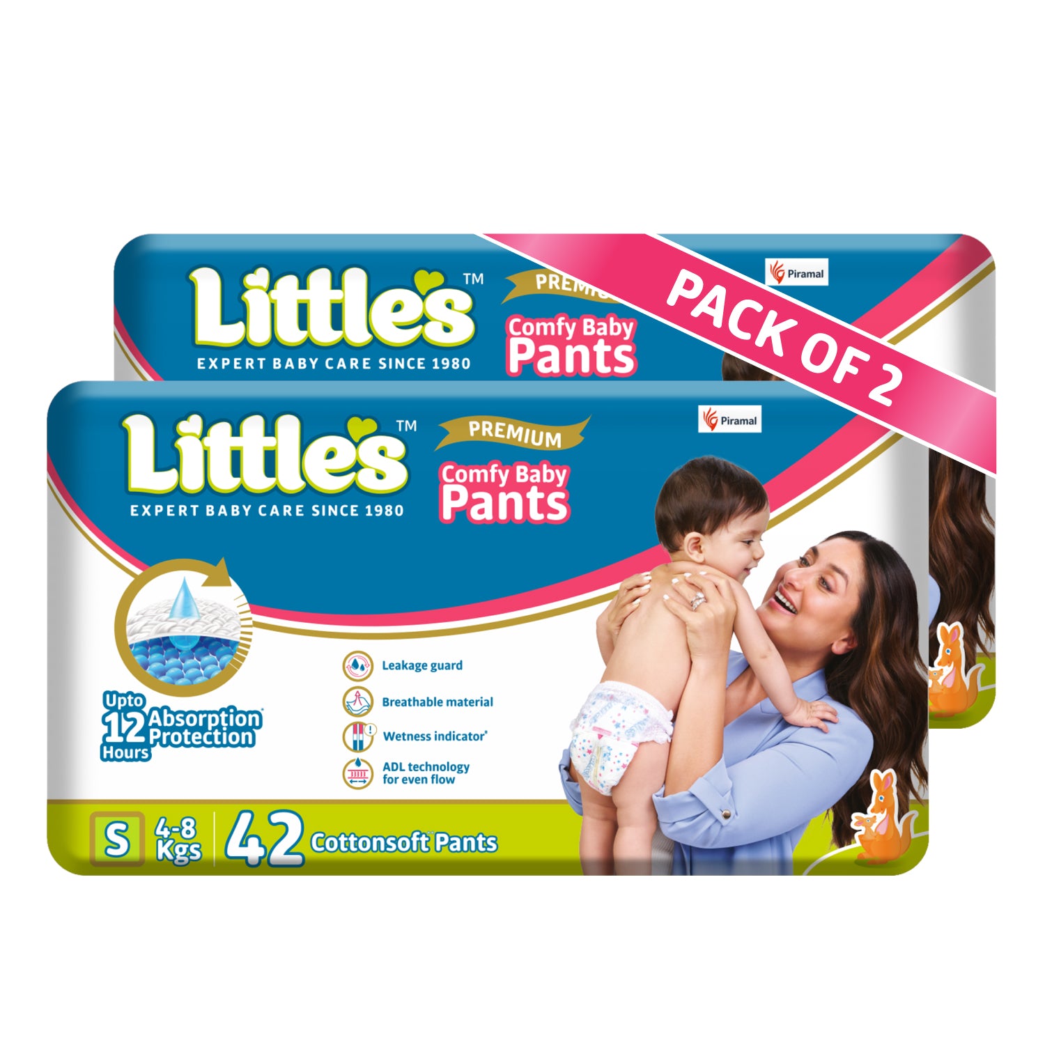 Little's Baby Pants Diapers with Wetness Indicator & 12 Hours Absorption, cottonsoft pants diaper SMALL pack of 2