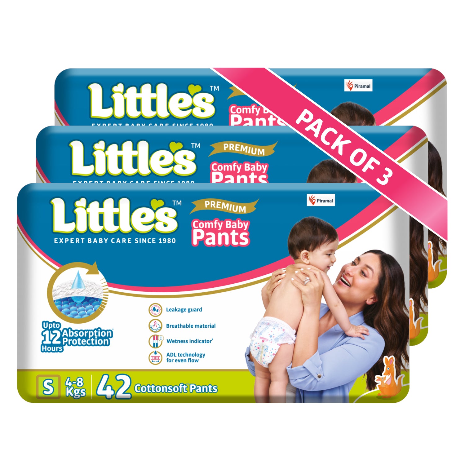Little's Baby Pants Diapers with Wetness Indicator & 12 Hours Absorption, cottonsoft pants diaper SMALL pack of 3