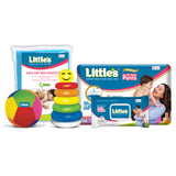 Little's New Born Gift Combo (Comfy Baby Pants | New Born Diapers Pack of 1, Little's Soft Cleansing Baby Wipes Lid Pack of 1 | Contains Aloe Vera & Jojoba Oil -80 Wipes, Soft baby Ball, Junior Ring I Toys for Babies, Easy Dry Bed Protector Blue)