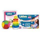 Little's New Born Gift Combo (Comfy Baby Pants | New Born I Jumbo Pack of 1, Soft Cleansing Baby Wipes Lid Pack of 1 | Contains Aloe Vera & Jojoba Oil -80 Wipes, Soft baby Ball, Junior Ring I Toys for Babies, Easy Dry Bed Protector Pink)