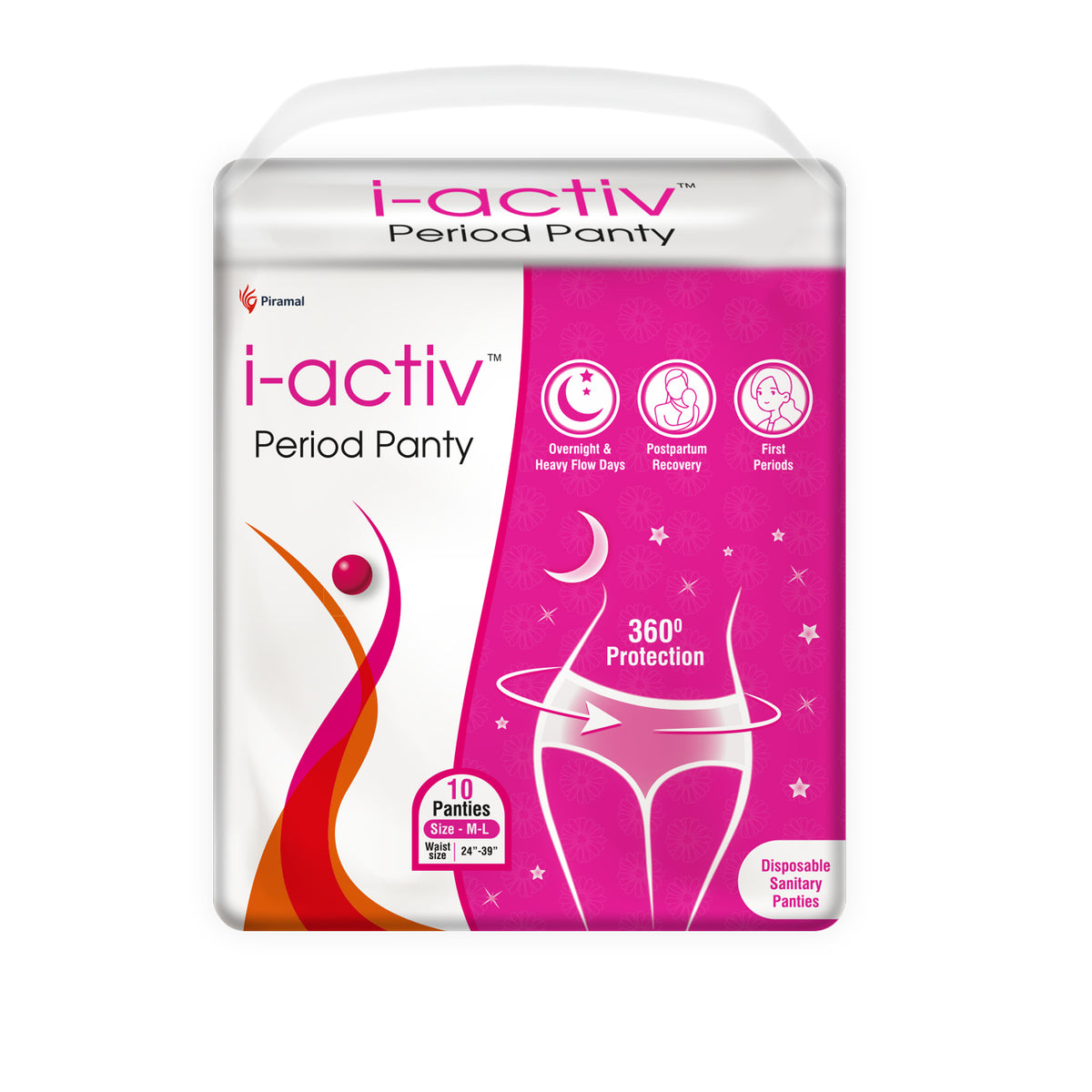 i-activ Period Panty for Women | M-L | Disposable Period Panties for Women Leak Proof | Maternity Pads for Heavy Flow Periods | Overnight 360 Degree Protection | Waist Size-24 to 39"