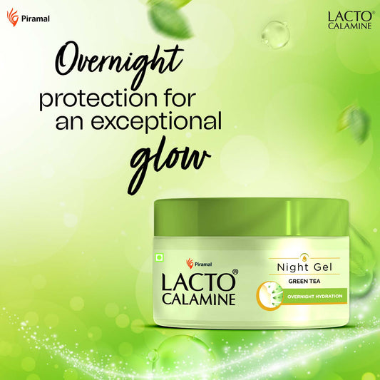 Lacto Calamine Green Tea Night Gel Moisturizer For Women | Night Cream For Oily Skin with Niacinamide & Glycolic Acid | Lightens Skin Tone & Overnight Hydration | Anti- Aging | 50g