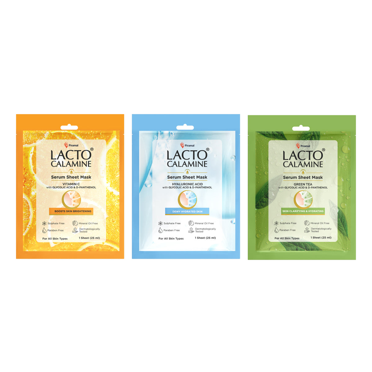 Lacto Calamine Face Sheet Masks | Combo Pack | Vitamin C, Hyaluronic Acid & Green Tea Face Sheet Masks | Brightening, Hydrating & Clarifiying |