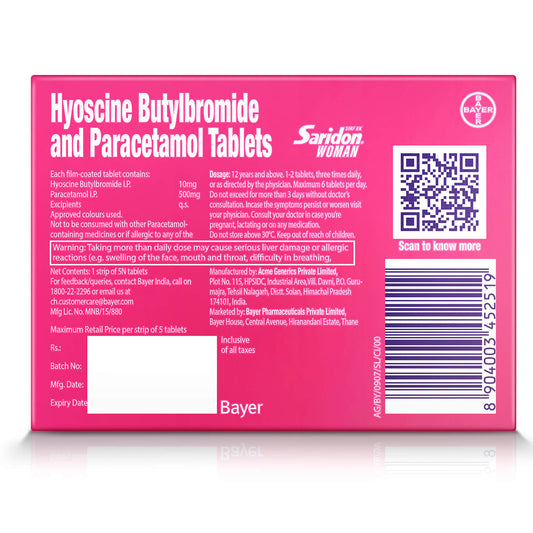Saridon Woman, Fast Action Against Abdominal, Body Pain and Headaches with Hyoscine Butylbromide 10 mg + Paracetamol 500 mg, 5 Tablets in Pack