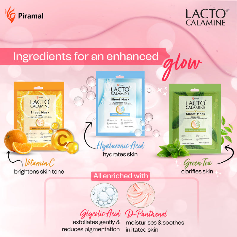 Lacto Calamine Face Sheet Masks | Combo Pack | Vitamin C, Hyaluronic Acid & Green Tea Face Sheet Masks | Brightening, Hydrating & Clarifiying |