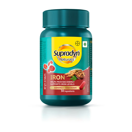 Supradyn Naturals Iron with 3X Iron, Ashoka, Shatavari, Zinc, Vitamin C, Folic Acid, 30 vital nutrients, Supports Blood Health & Provides Energy, Pack of 30 tabs,Veg