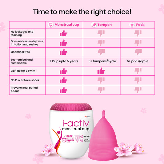 i-activ Menstrual Cup for Women with free sterilizer case | Rash-Free, Leak-Free & Ultra soft Cup with Pouch| 100% Medical Grade Silicone | 8-10 hrs protection
