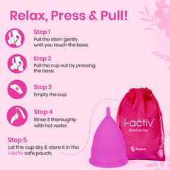 i-activ Menstrual Cup for Women | Rash-Free, Leak-Free & Ultra soft Cup with Pouch| 100% Medical Grade Silicone | 8-10 hrs protection