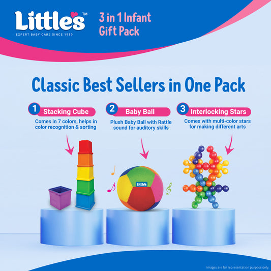 Little's 3 in 1 Infant Gift Pack Baby Toys | Stacking Cubes | Plush Baby Ball | Interlocking Stars | for 1+ Years Kids | Multiple Shapes & Colors | Gifts for Kids | Educational Toy