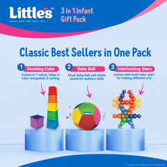 Little's 3 in 1 Infant Gift Pack Baby Toys | Stacking Cubes | Plush Baby Ball | Interlocking Stars | for 1+ Years Kids | Multiple Shapes & Colors | Gifts for Kids | Educational Toy