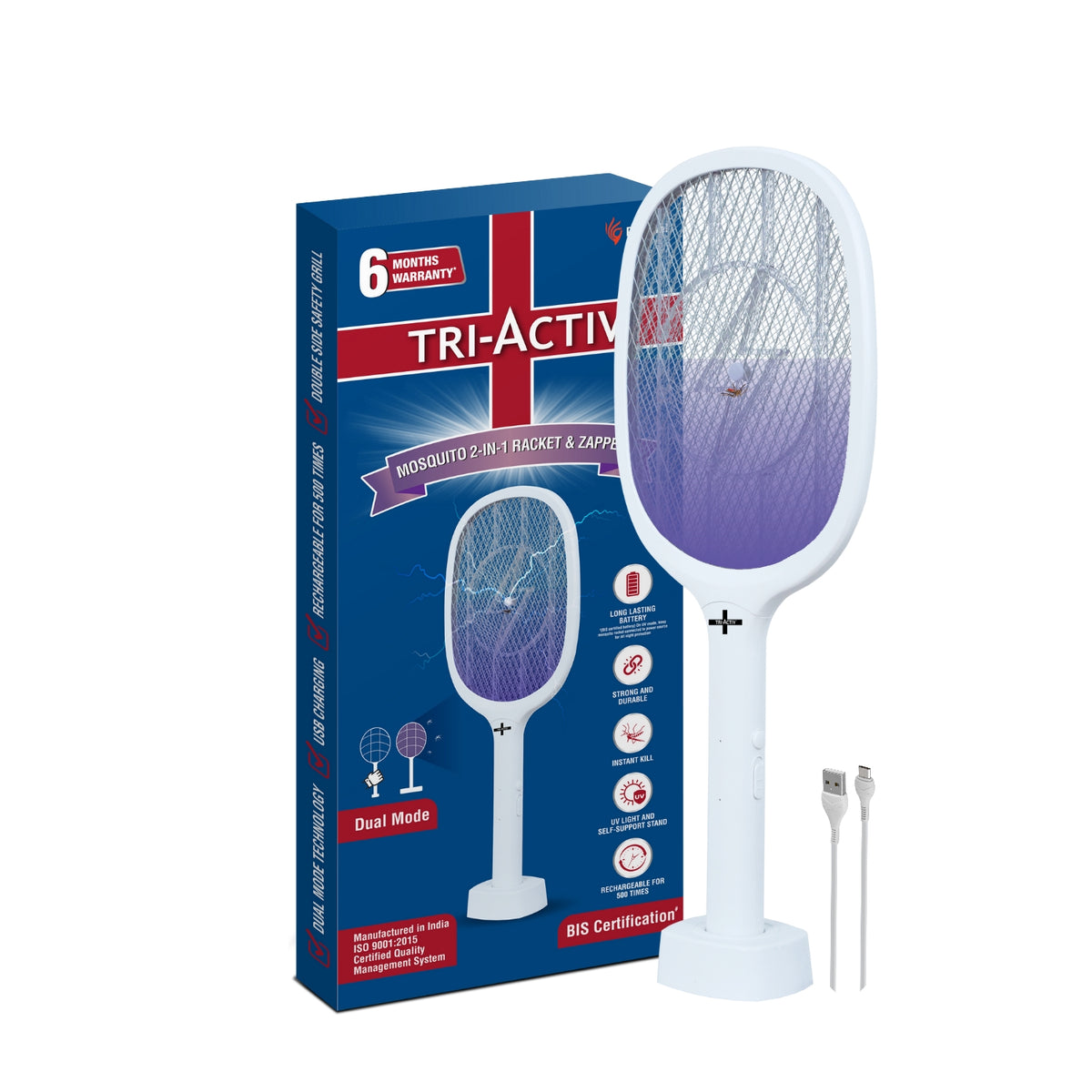 Tri-Activ Mosquito Racket 2-in-1 Dual Mode Rechargeable Bat,Zapper with Stand by Piramal I UV Light I Insect Killer & Fly Swatter I 1200 mAh Li-ion Battery,ISO Certified, 6 Month Warranty