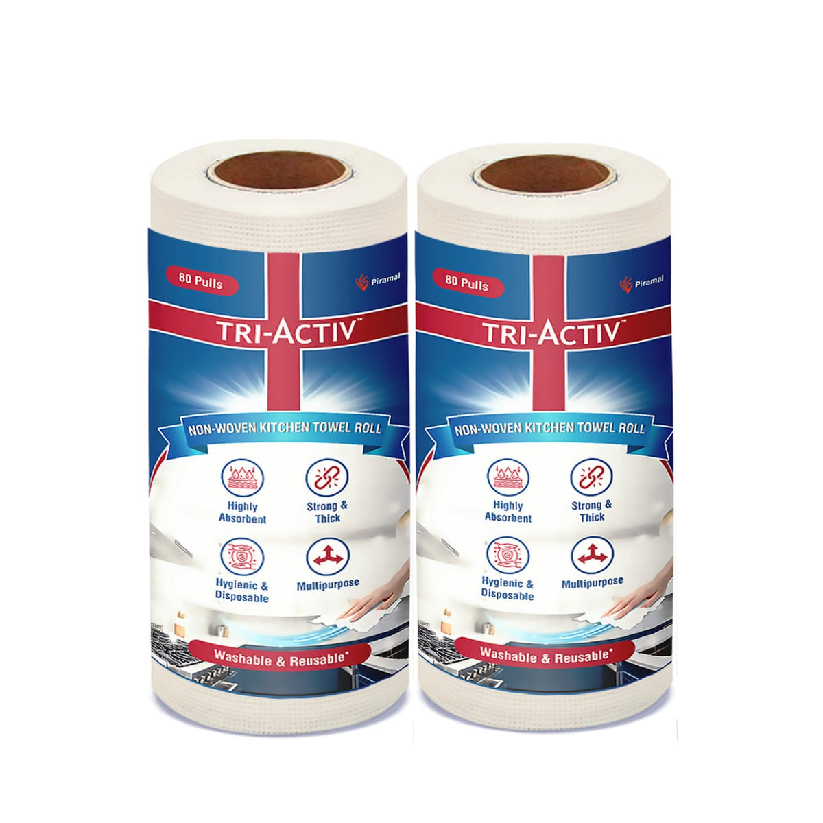 Tri-Activ Non-Woven Reusable Kitchen Towel Roll I 80 Pulls per Roll I Highly Absorbent Kitchen Tissue Roll I Non-Woven Fabric I Free from OBA I White