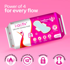 I activ Ultra Thin Sanitary Pads for Women | Anti-Rash Anti-Bacterial Cottony Soft Sanitary Napkins | No Nasties | Upto 12 Hours Heavy Flow Leak Protection | Soft Hydrophobic Wings