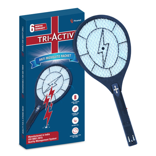 Tri-Activ Anti Mosquito Racket Bat by Piramal I Mosquito Bat + Insect Killer & Fly Swatter I Long Lasting Battery I Rechargable Upto 500 Times I 6 Months Warranty, ISO Certified I Black