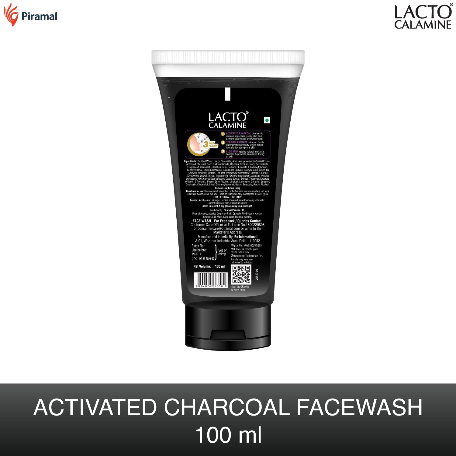 Lacto Calamine Activated Charcoal Face Wash| Contains Aloe Vera & Tea Tree Extract-100ml