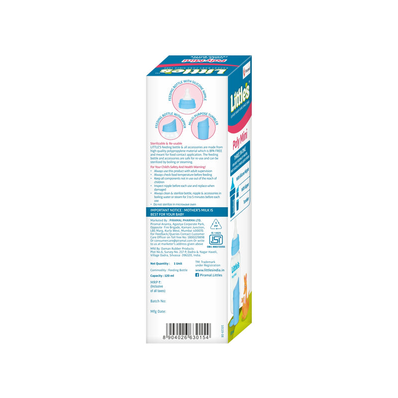 Littles Poly Mini Feeding Bottle | Tumbler, Sipper & Silicon Nipple -120 ml