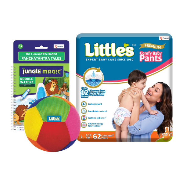 Little's Play Time Combo (Little's Comfy Baby Pants, Medium | Super Jumbo Diaper Pack of 1 I Little's Soft baby Ball I Toys for Babies I Jungle Magic Doodle Waterz Lion and Rabbit, Reusable Children's Colouring Book)