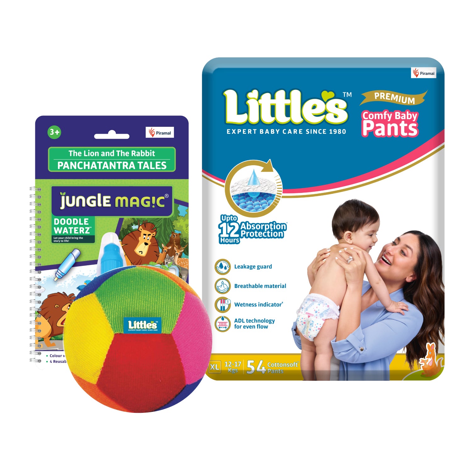 Little's Play Time Combo (Little's Comfy Baby Pants, Medium | Super Jumbo Diaper Pack of 1 I Little's Soft baby Ball I Toys for Babies I Jungle Magic Doodle Waterz Lion and Rabbit, Reusable Children's Colouring Book)